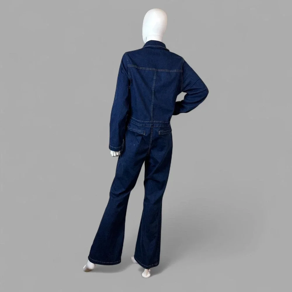 ASOS DESIGN long-sleeve 70s-style flared denim jumpsuit Stretch Plus Size 14